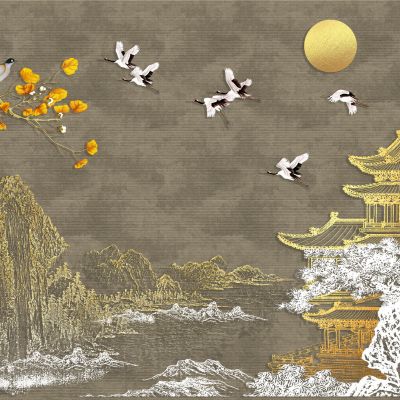 高清新中式亭台楼阁线条肌理背景墙壁画