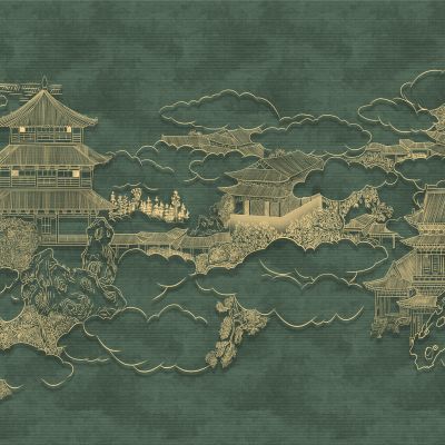 高清新中式亭台楼阁线条肌理背景墙壁画