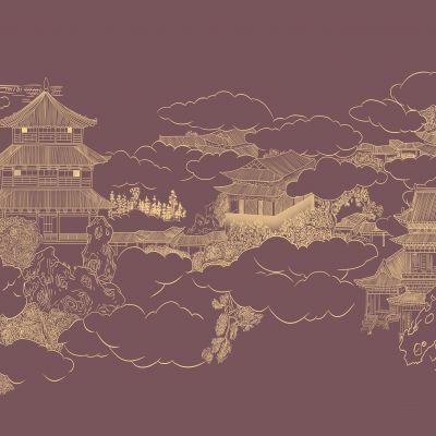 高清新中式亭台楼阁线条肌理背景墙壁画