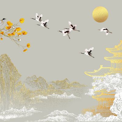 高清新中式亭台楼阁线条肌理背景墙壁画