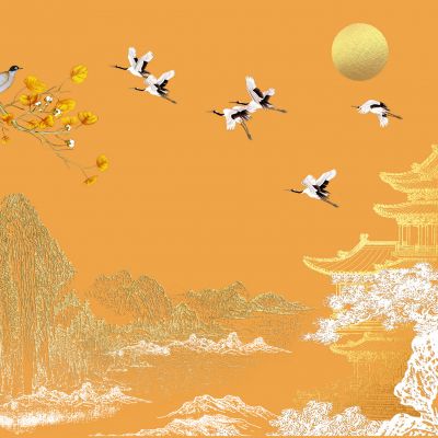 高清新中式亭台楼阁线条肌理背景墙壁画