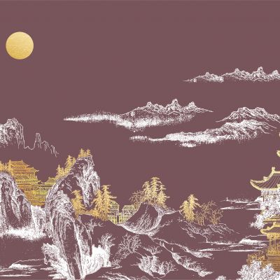 高清新中式亭台楼阁线条肌理背景墙壁画