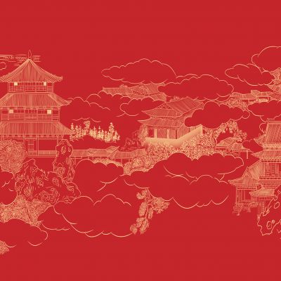 高清新中式亭台楼阁线条肌理背景墙壁画