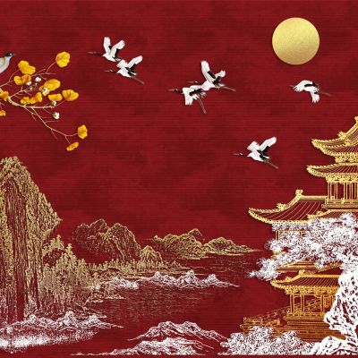 高清新中式亭台楼阁线条肌理背景墙壁画