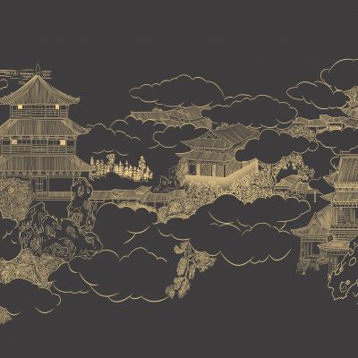 高清新中式亭台楼阁线条肌理背景墙壁画