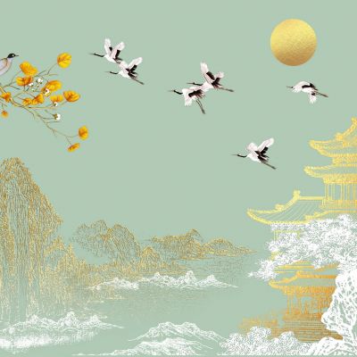 高清新中式亭台楼阁线条肌理背景墙壁画