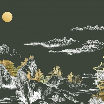 高清新中式亭台楼阁线条肌理背景墙壁画