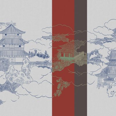 高清新中式亭台楼阁线条肌理背景墙壁画