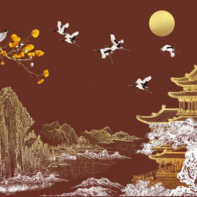 高清新中式亭台楼阁线条肌理背景墙壁画