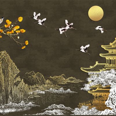 高清新中式亭台楼阁线条肌理背景墙壁画