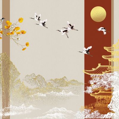 高清新中式亭台楼阁线条肌理背景墙壁画