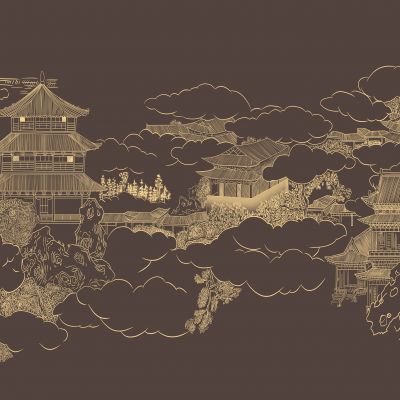 高清新中式亭台楼阁线条肌理背景墙壁画