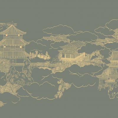 高清新中式亭台楼阁线条肌理背景墙壁画3D贴图