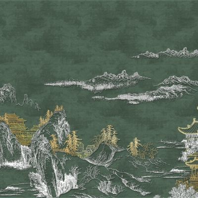 高清新中式亭台楼阁线条肌理背景墙壁画