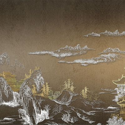 高清新中式亭台楼阁线条肌理背景墙壁画