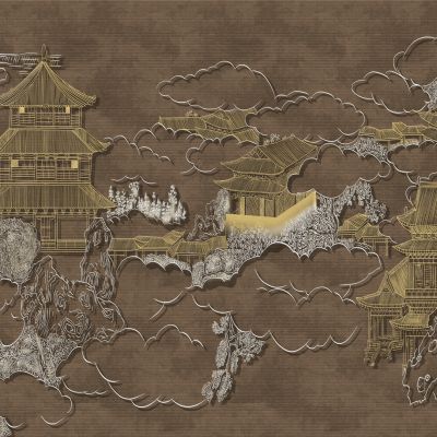 高清新中式亭台楼阁线条肌理背景墙壁画