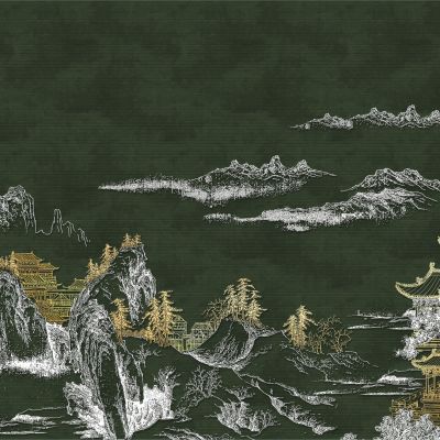 高清新中式亭台楼阁线条肌理背景墙壁画