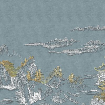 高清新中式亭台楼阁线条肌理背景墙壁画