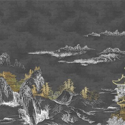 高清新中式亭台楼阁线条肌理背景墙壁画3D贴图