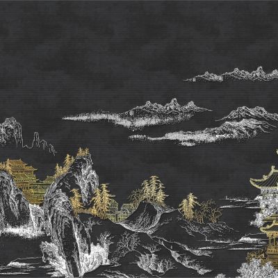 高清新中式亭台楼阁线条肌理背景墙壁画