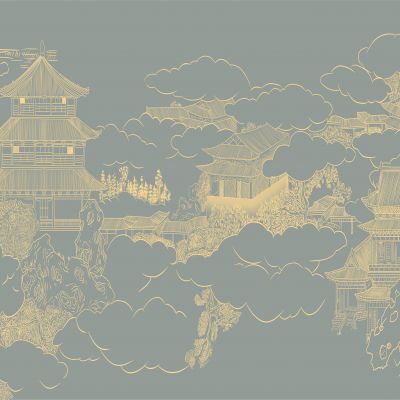 高清新中式亭台楼阁线条肌理背景墙壁画