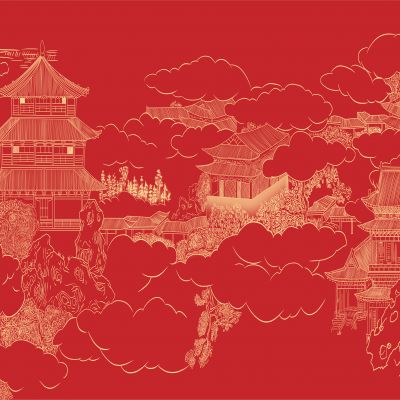 高清新中式亭台楼阁线条肌理背景墙壁画