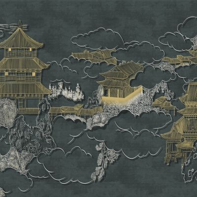 高清新中式亭台楼阁线条肌理背景墙壁画