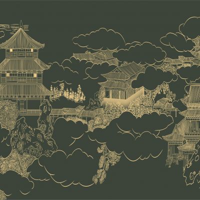 高清新中式亭台楼阁线条肌理背景墙壁画