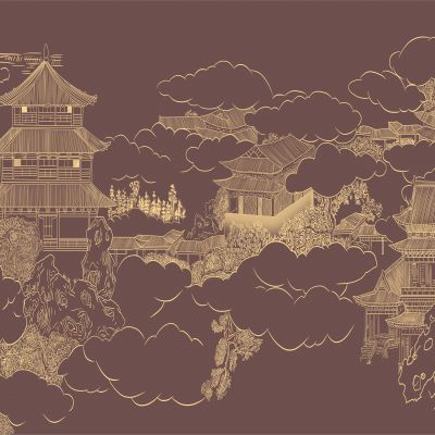 高清新中式亭台楼阁线条肌理背景墙壁画