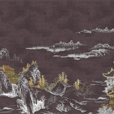 高清新中式亭台楼阁线条肌理背景墙壁画