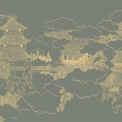 高清新中式亭台楼阁线条肌理背景墙壁画