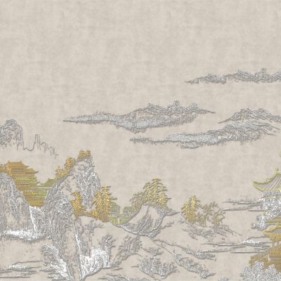 高清新中式亭台楼阁线条肌理背景墙壁画3D贴图