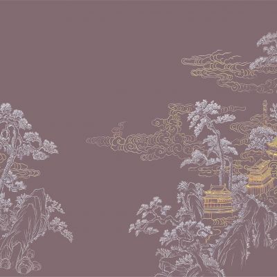 高清新中式亭台楼阁线条肌理背景墙壁画