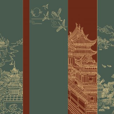 高清新中式亭台楼阁线条肌理背景墙壁画