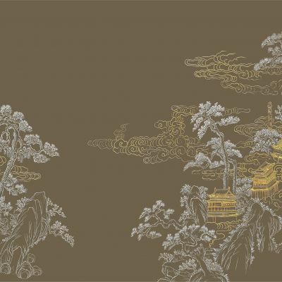 高清新中式亭台楼阁线条肌理背景墙壁画