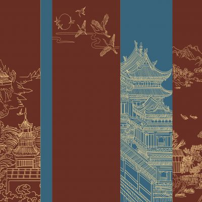 高清新中式亭台楼阁线条肌理背景墙壁画