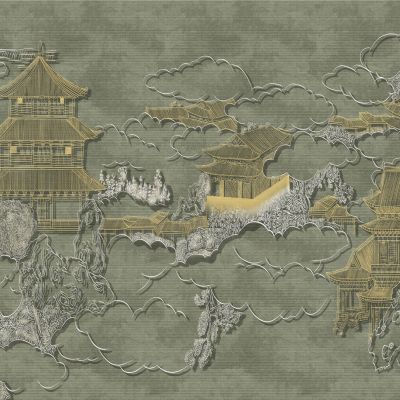 高清新中式亭台楼阁线条肌理背景墙壁画