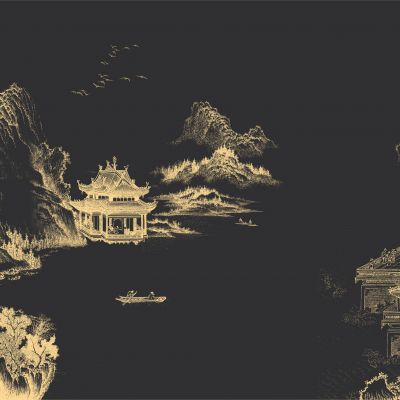 高清新中式亭台楼阁线条肌理背景墙壁画