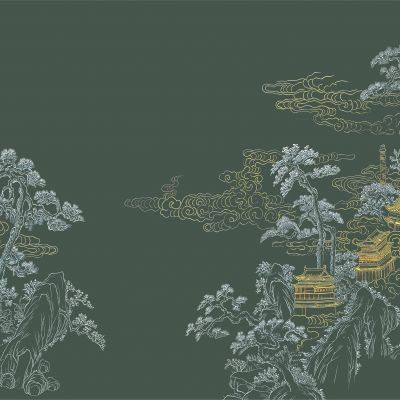 高清新中式亭台楼阁线条肌理背景墙壁画