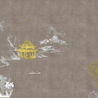 高清新中式亭台楼阁线条肌理背景墙壁画