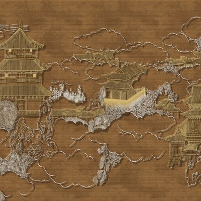 高清新中式亭台楼阁线条肌理背景墙壁画