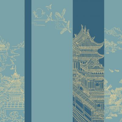 高清新中式亭台楼阁线条肌理背景墙壁画