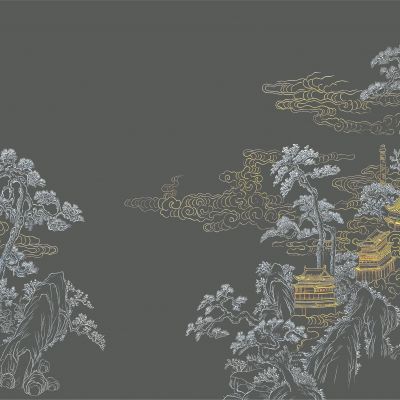 高清新中式亭台楼阁线条肌理背景墙壁画