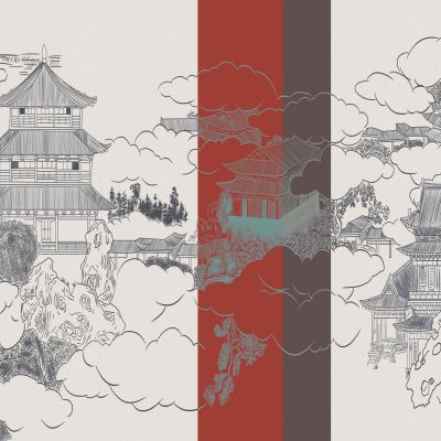 高清新中式亭台楼阁线条肌理背景墙壁画