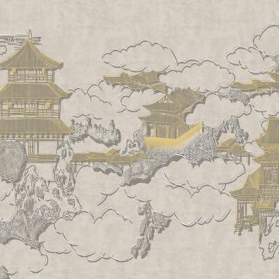 高清新中式亭台楼阁线条肌理背景墙壁画