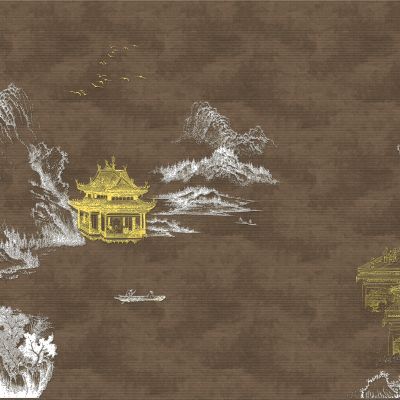 高清新中式亭台楼阁线条肌理背景墙壁画