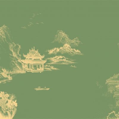 高清新中式亭台楼阁线条肌理背景墙壁画