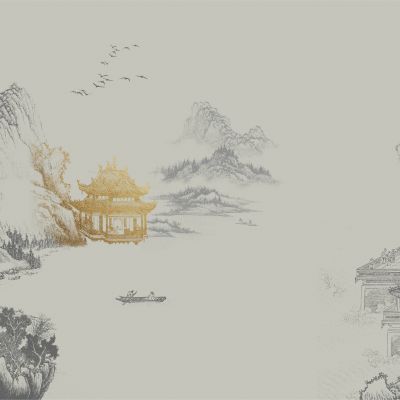 高清新中式亭台楼阁线条肌理背景墙壁画