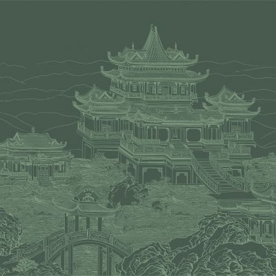 高清新中式亭台楼阁线条肌理背景墙壁画