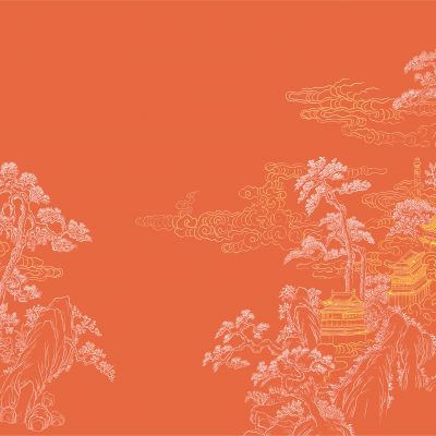 高清新中式亭台楼阁线条肌理背景墙壁画